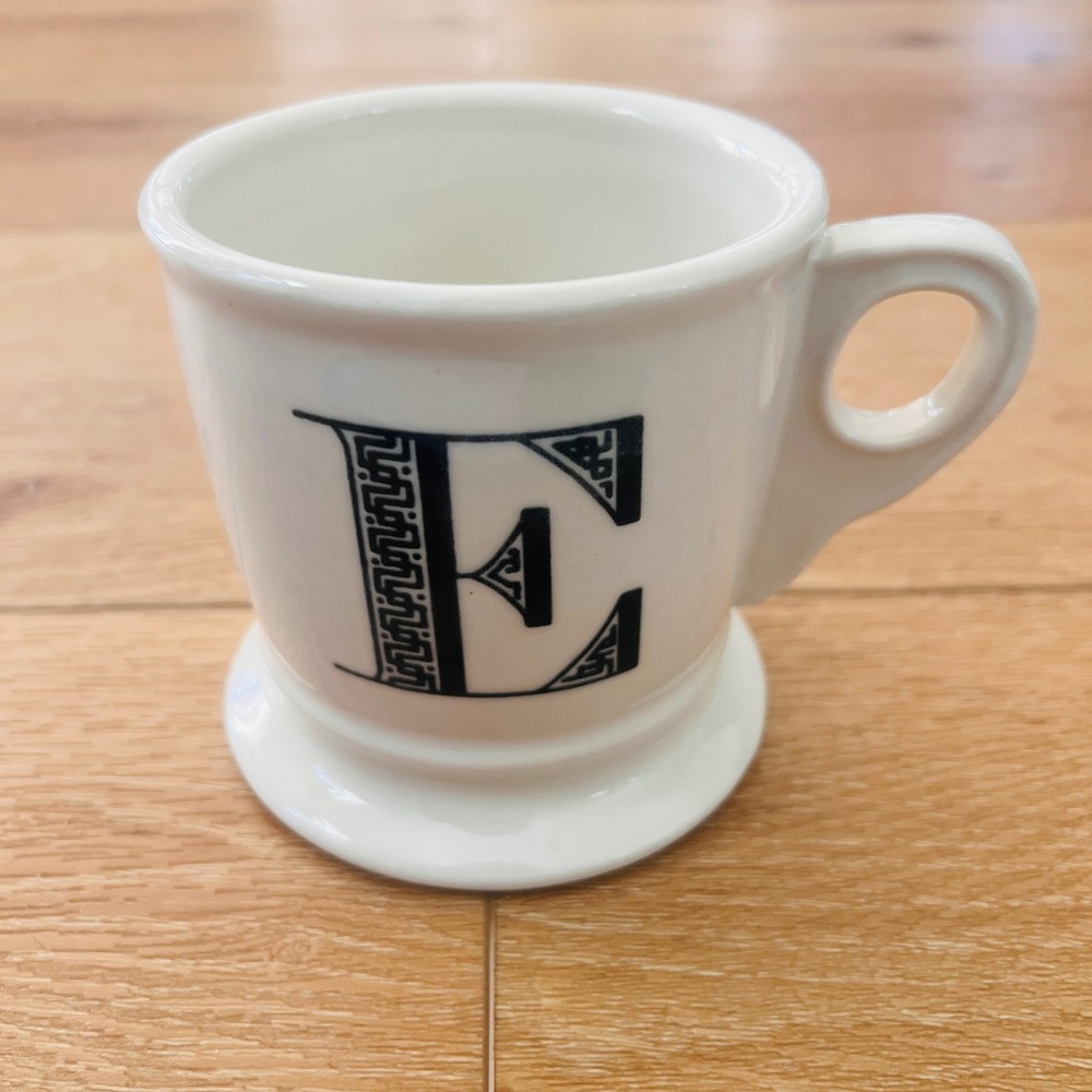 Anthropologie Tiled Margot Monogram Mug Letter E White Black Coffee Cup Pedestal